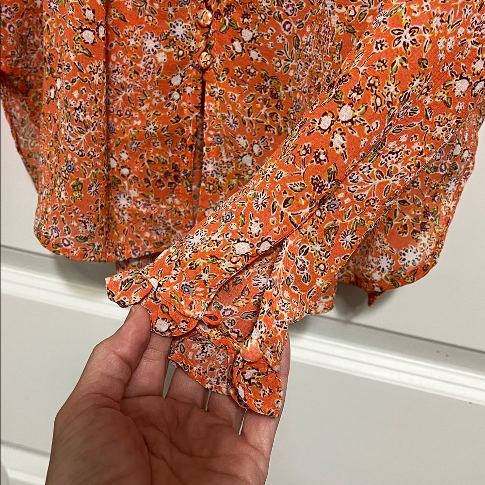 Free People Lela Floral Smocked Ruffle Blouse in Coral Sz XS - Picture 5 of 9
